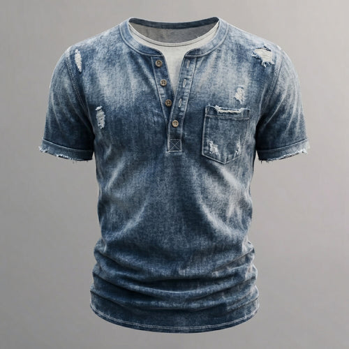 Men's Retro Distressed Washed Denim Ripped Raw-Edge Patch Pocket Henley Shirt