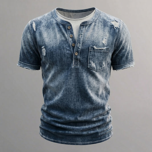 Men's Retro Distressed Washed Denim Ripped Raw-Edge Patch Pocket Henley Shirt