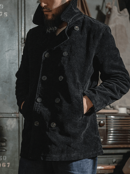 Men's Stylish Double With Pocket Design Breasted Casual Corduroy Coat