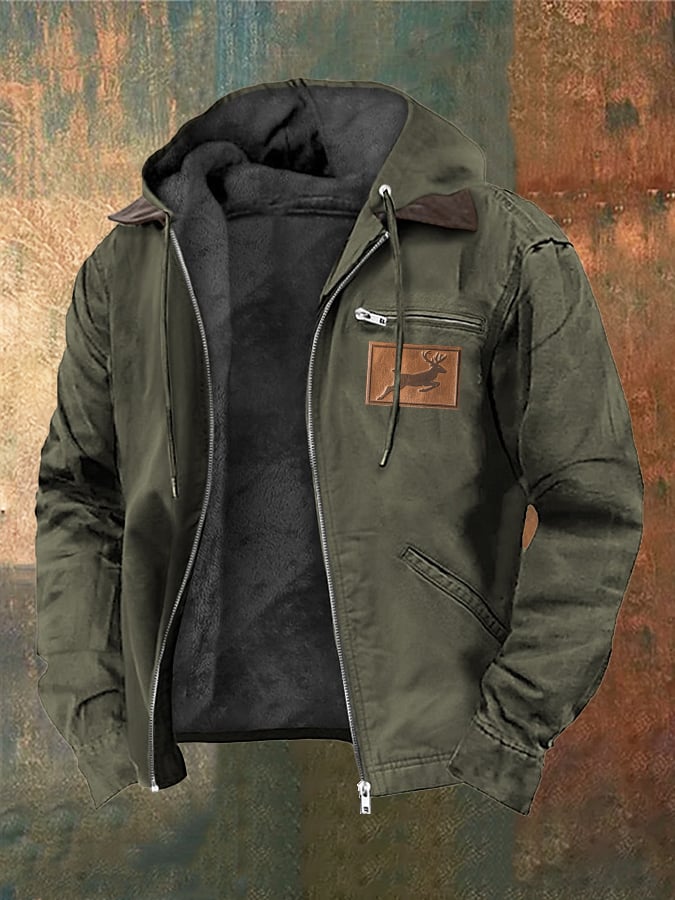 Men's Vintage Plush Western Elk Print Zipper Jacket