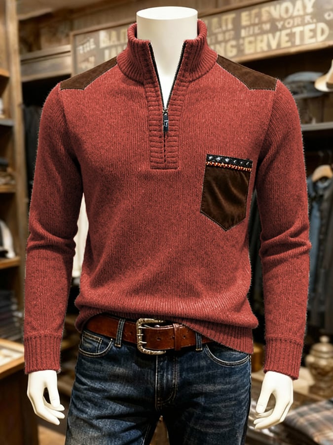 Men's Warm Heathered Contrast Half-Zip Sweater