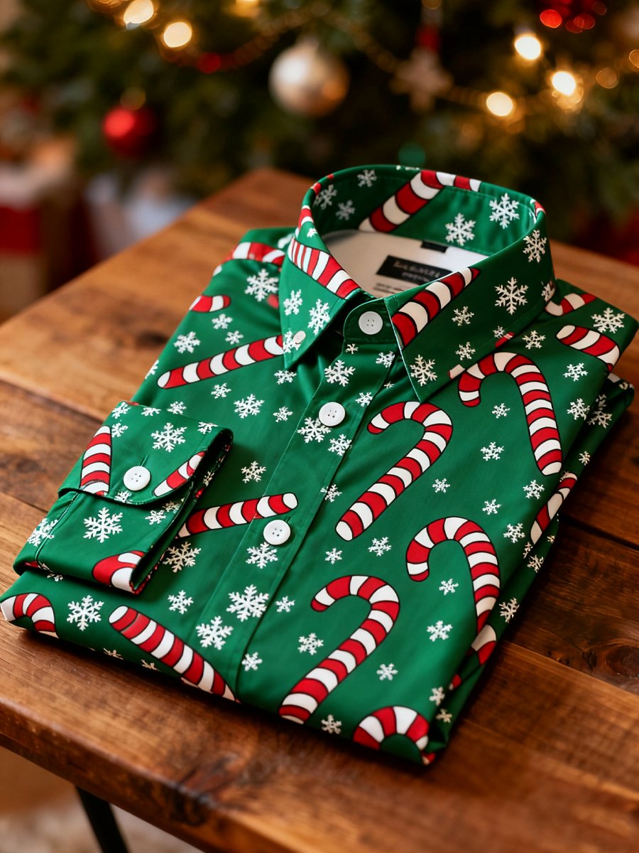 Men's Business Christmas Candy Cane Print Long-Sleeve Shirt