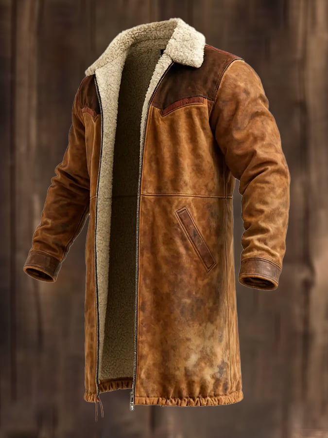 Men's Vintage Distressed Suede and Lambskin Long Coat