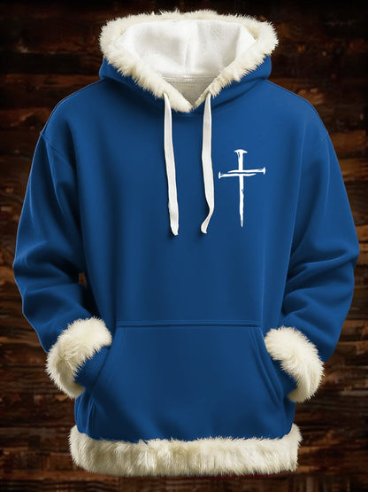 Men's Retro Faith Cross Print Patchwork Fur Collar Hooded Sweatshirt