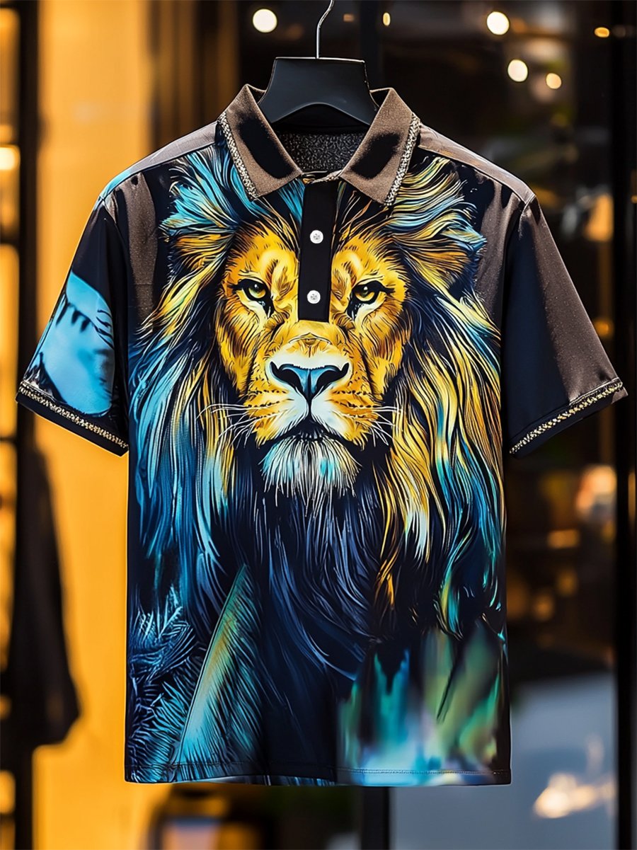 Men's Business Casual Lion Print Button Short Sleeve Polo Shirt