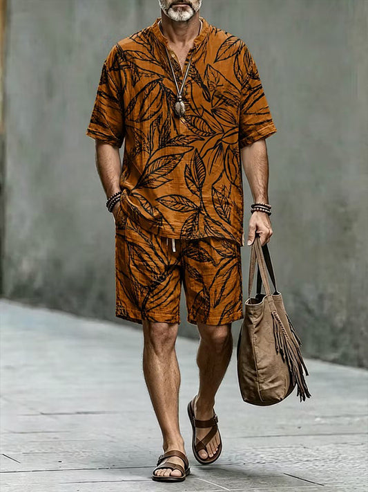Men's Tropical Leaf Print Half Button Shirt Shorts 2pcs Set