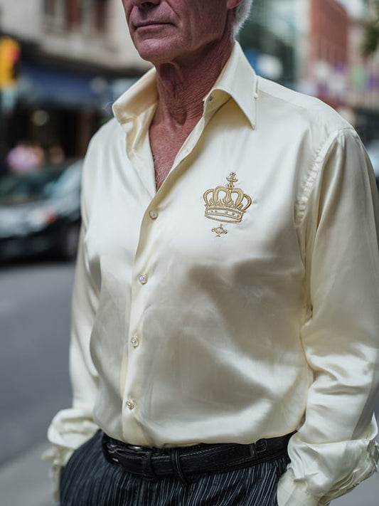 Men's Satin Luxe Crown Logo Button Long Sleeve Shirt