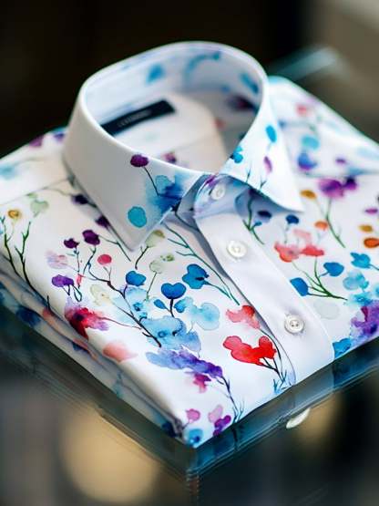 Men's Business Casual Watercolor Flower Lapel Short Sleeve Shirt