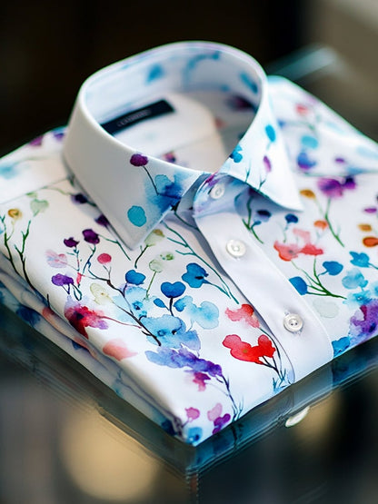 Men's Business Casual Watercolor Flower Lapel Short Sleeve Shirt