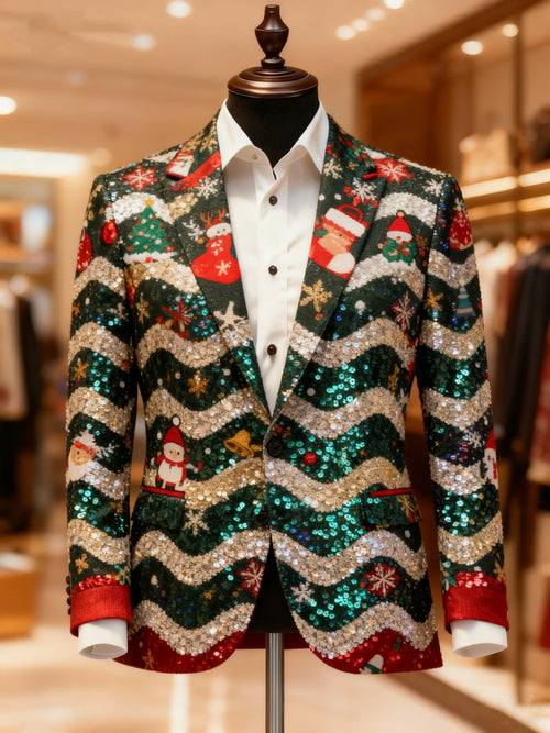 Men's Business Casual Large Pocket Vintage Christmas Print Blazers