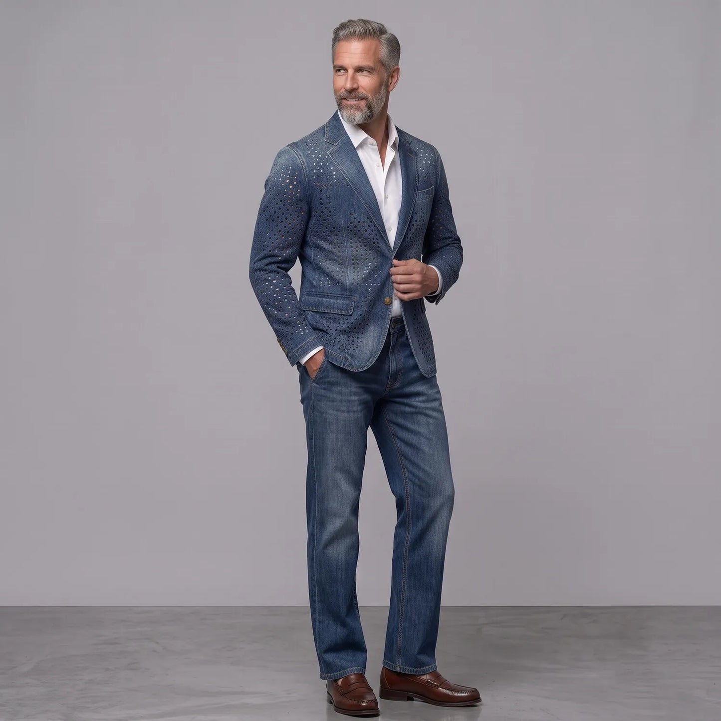 Men's Retro Distressed Denim Hollow Out Notch Lapel Single Breasted Blazer