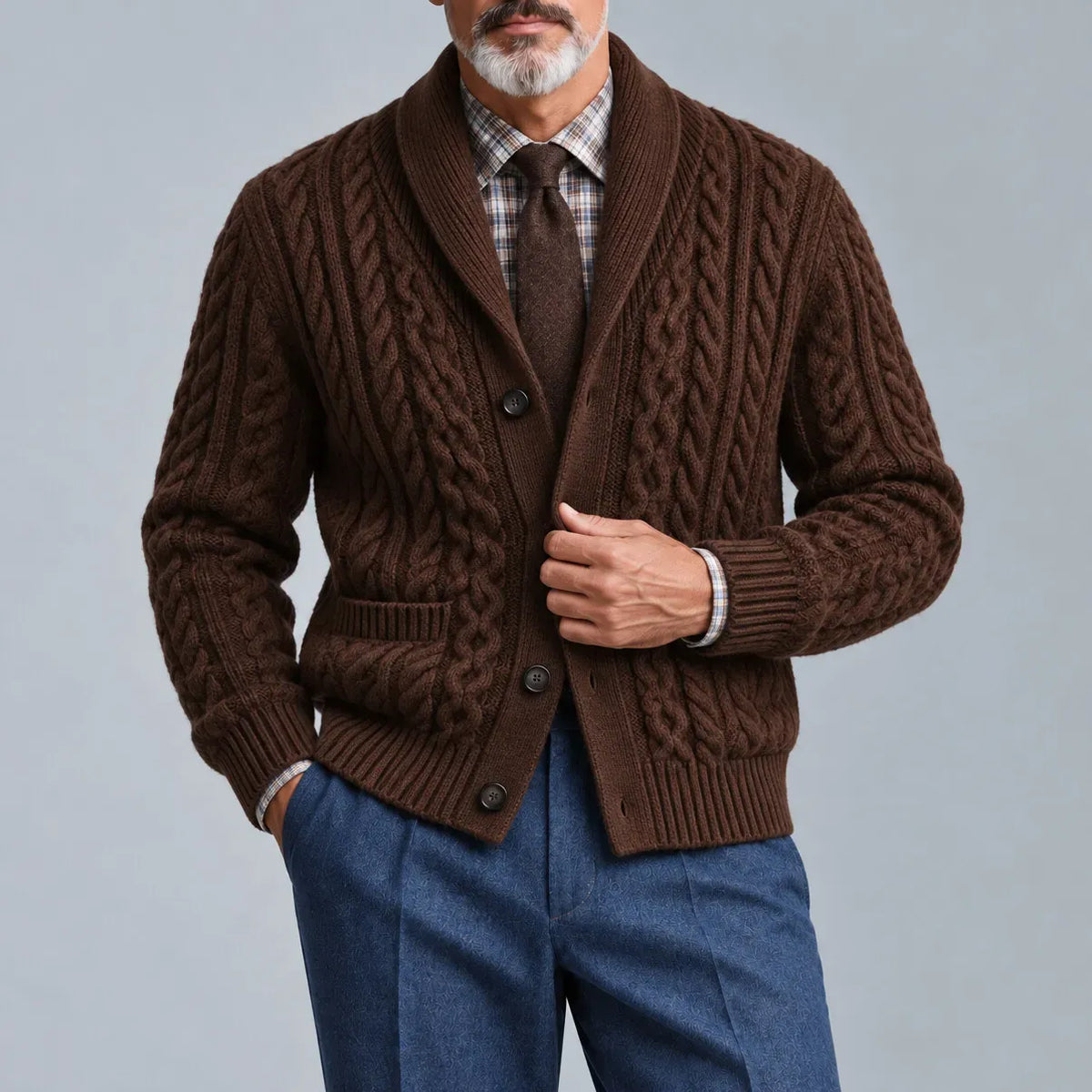 Men's Brown Shawl Lapel Single Breasted Pockets Cable Knit Cardigan