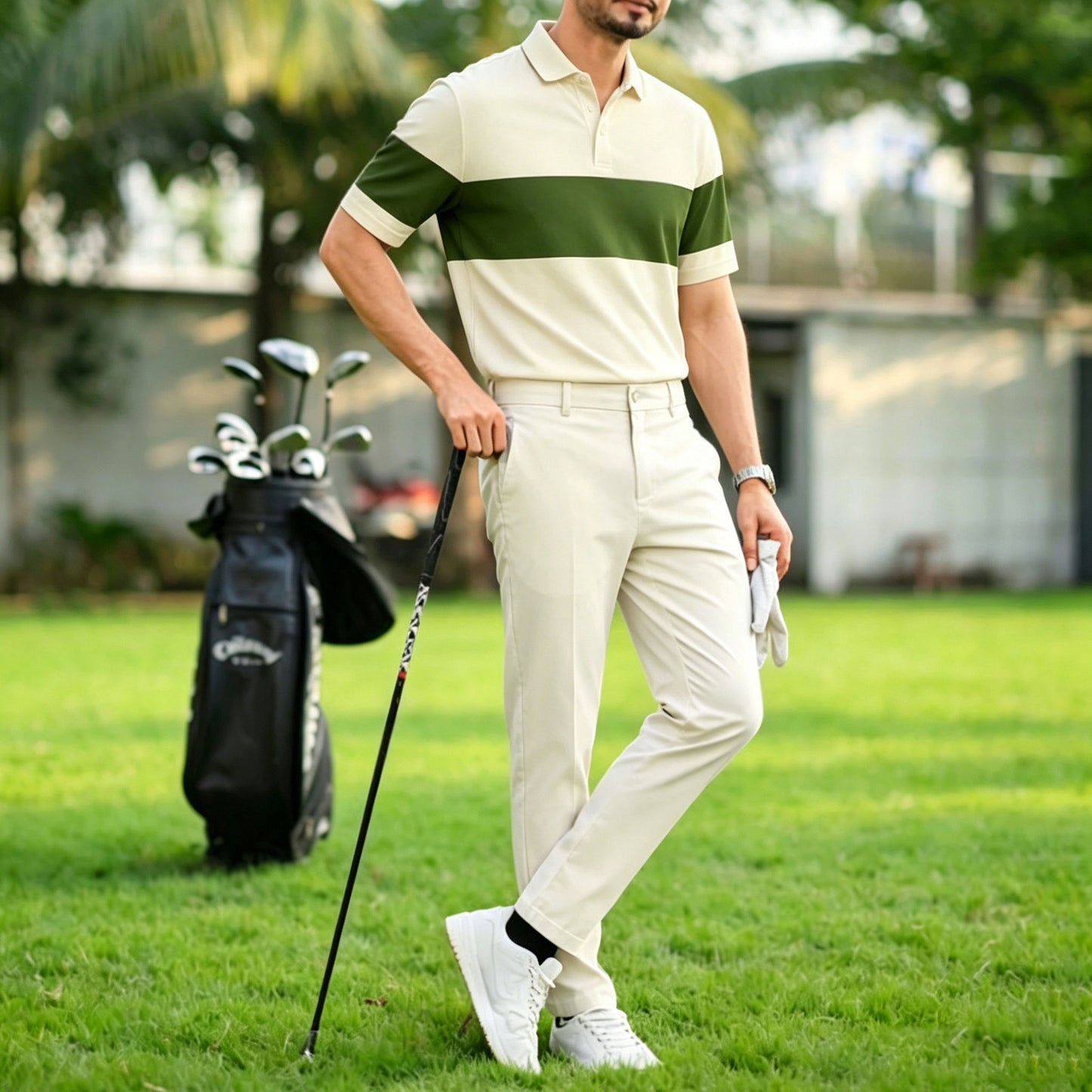 Men's Casual Dark Green Geometric Printed Polo Shirt And Pants Two-Piece Set