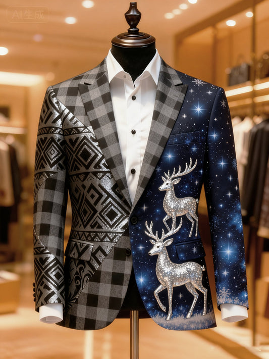 Men's Business Casual Large Pocket Vintage Christmas Print Blazers