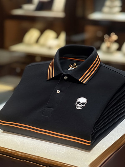 Men's Business Casual Skull Print Button-Down Polo Shirt