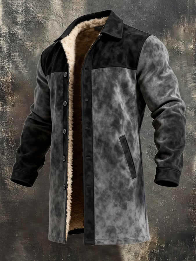 Men'S Vintage Distressed Suede Patchwork Warm And Cold-Resistant Fur Lining Long Trench Coat