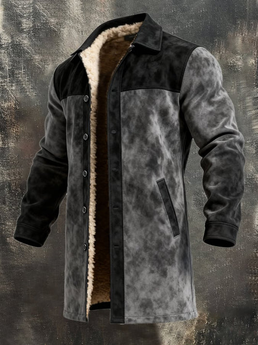 Men'S Vintage Distressed Suede Patchwork Warm And Cold-Resistant Fur Lining Long Trench Coat