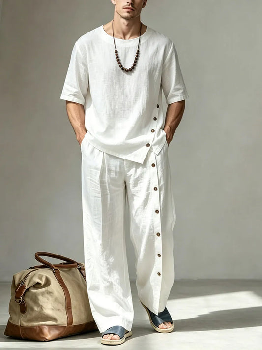Men's Solid-color Button Loose-fit Hooded Round Neck Short-sleeved Top And Pants Set