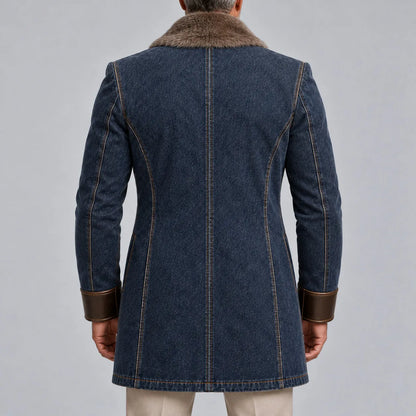 Men's Vintage Navy Blue Denim PU Leather Trim Fuzzy Collar Gold Button Trench Coat