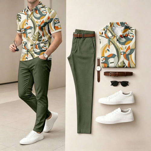 Men's Casual Color Block Plant Print Polo Shirt And Pants Two-Piece Set