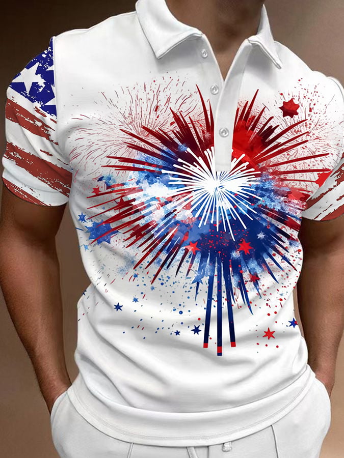 Men'S Fireworks Independence Day Print Polo Shirt