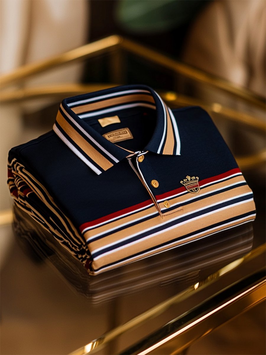 Men's Business Casual Striped Logo Button Short Sleeve Polo Shirt