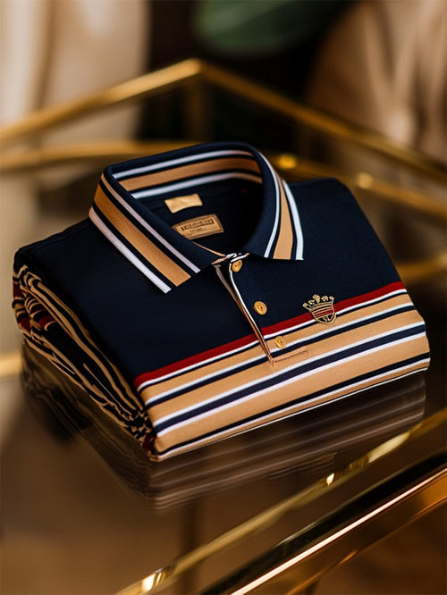 Men's Business Casual Striped Logo Button Short Sleeve Polo Shirt