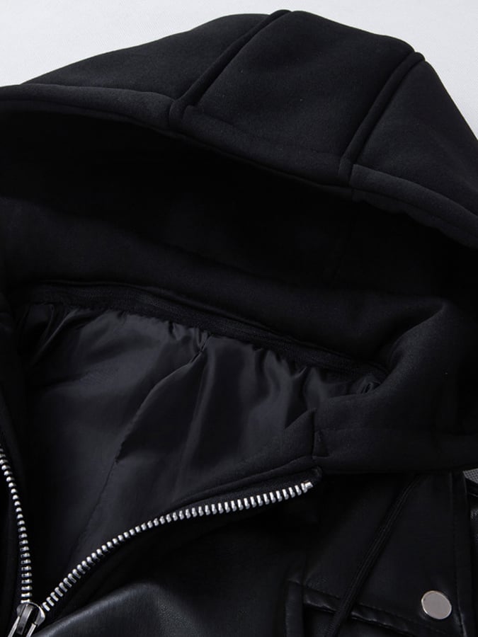 Men's Hooded Lapel Casual Racing Leather Jacket (Removable Hood)