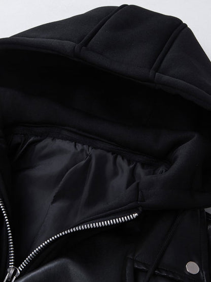 Men's Hooded Lapel Casual Racing Leather Jacket (Removable Hood)