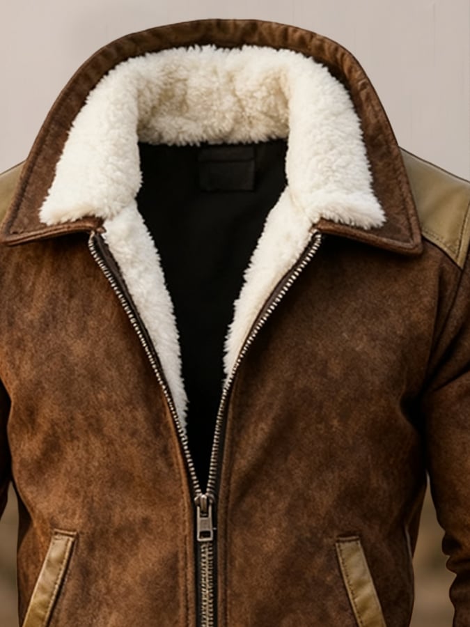 Men's Vintage Warm Suede Stitching Fur Lapel Western Jacket