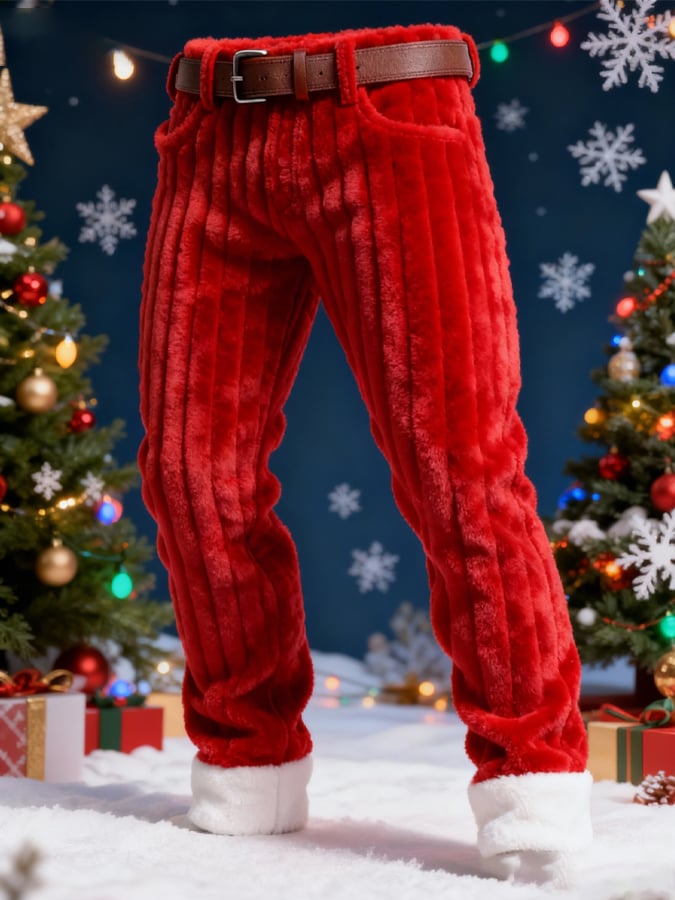 Men's Red Textured Plush Warm Christmas Cargo Pants