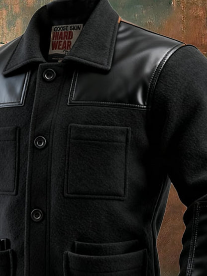 Men's Vintage Woolen Leather Patchwork Warm Multi-pocket Outdoor Jacket