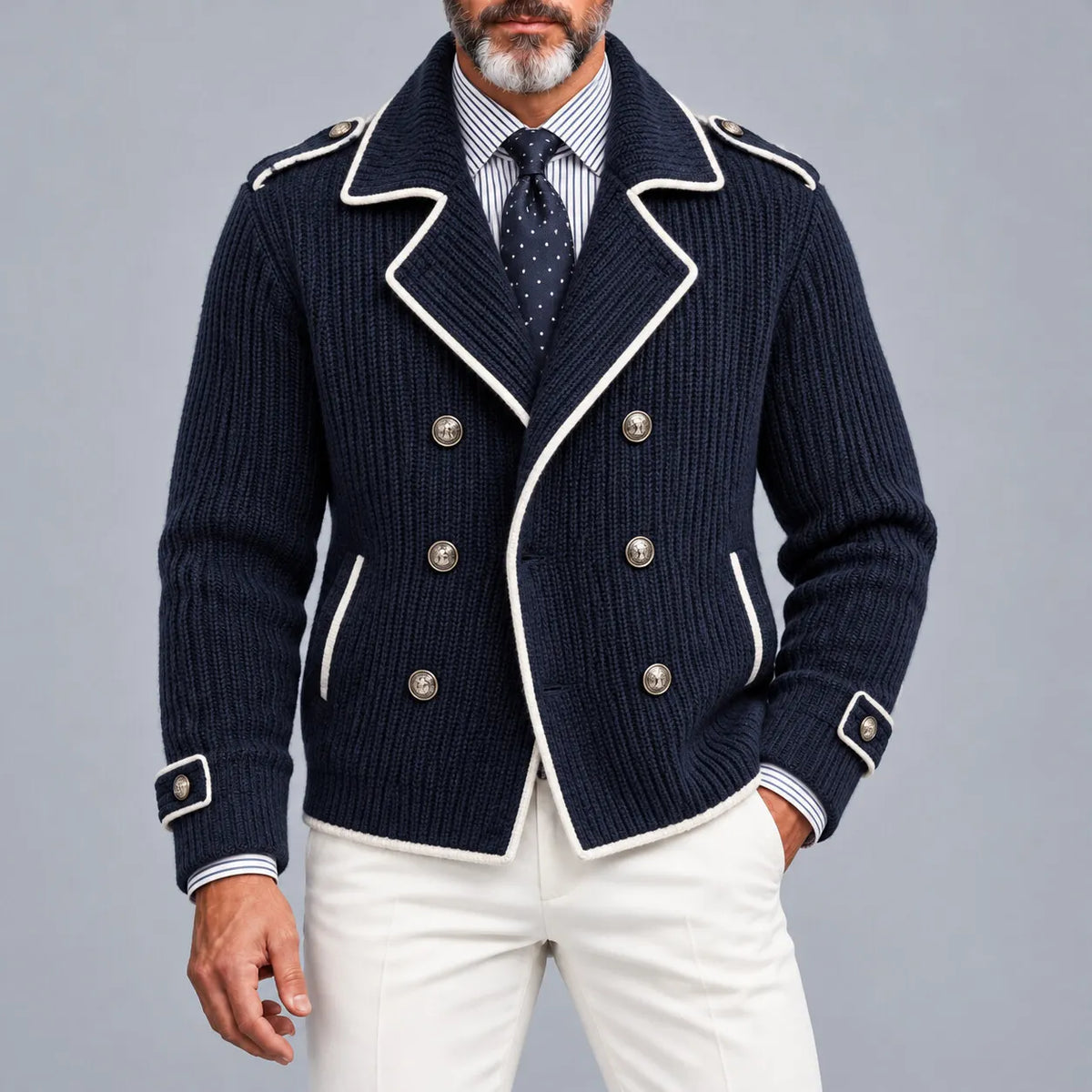 Men's Business Casual Navy Blue Contrast Piping Notch Lapel Double-Breasted Ribbed Knit Jacket