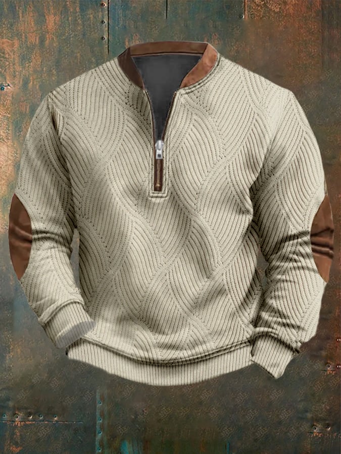 Men's Vintage Knitted Jacquard Design Printed Zipper Collar Sweatshirt
