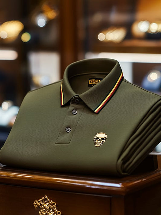 Men's Business Casual Skull Print Button-Down Polo Shirt