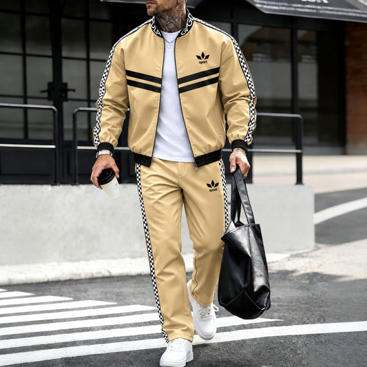 Men's Two-Piece Set: Color-Blocked Printed Fleece-Lined Jacket and Pants