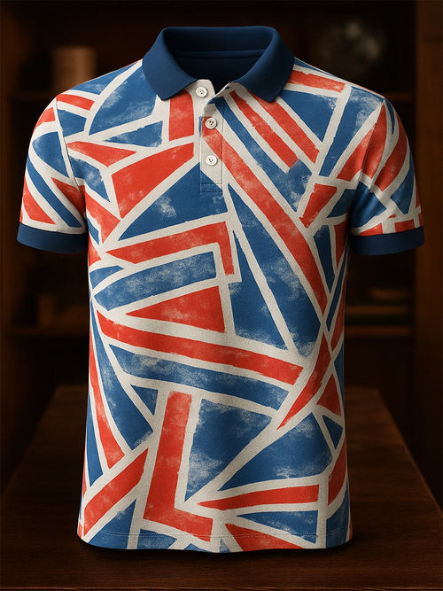 Men's Business Casual Union Jack Button Short Sleeve Polo Shirt