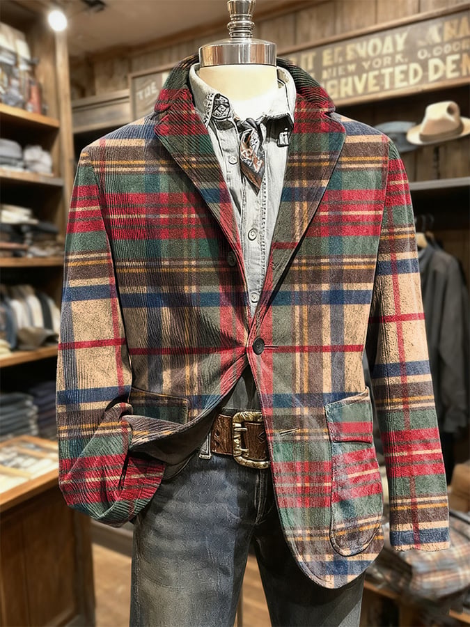 Men's Retro Christmas Plaid Art Print Casual Blazer