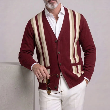 Men's Classic Contrast Striped V Neck Single Breasted Patch Pockets Knitted Cardigan