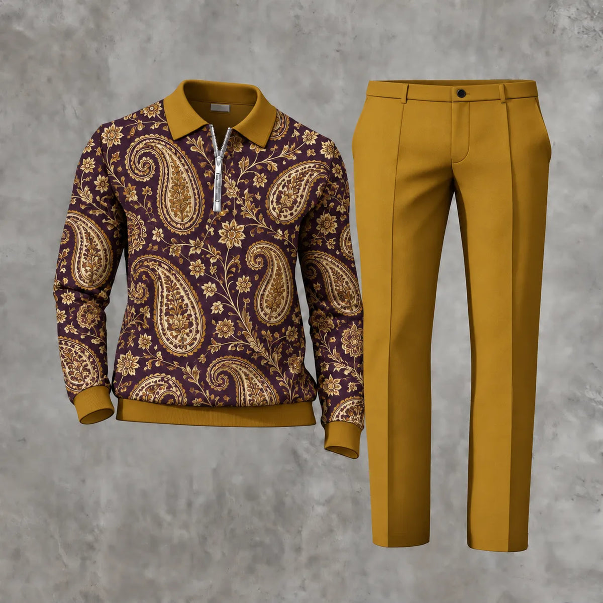 Men's Printed Zipper Polo Shirt and Pants Set