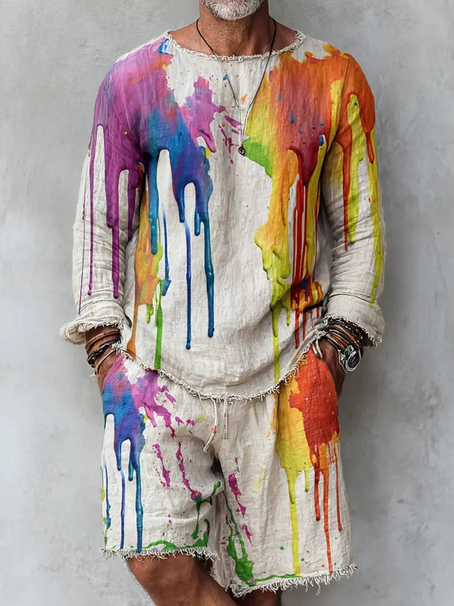 Men's Retro Abstract Print Casual Linen Long-sleeved Top And Shorts Two-piece Se