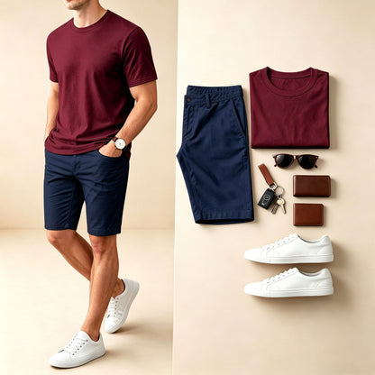 Men's Casual Solid-Color Crew-Neck Short-Sleeve T-Shirt And Shorts Two-Piece Set