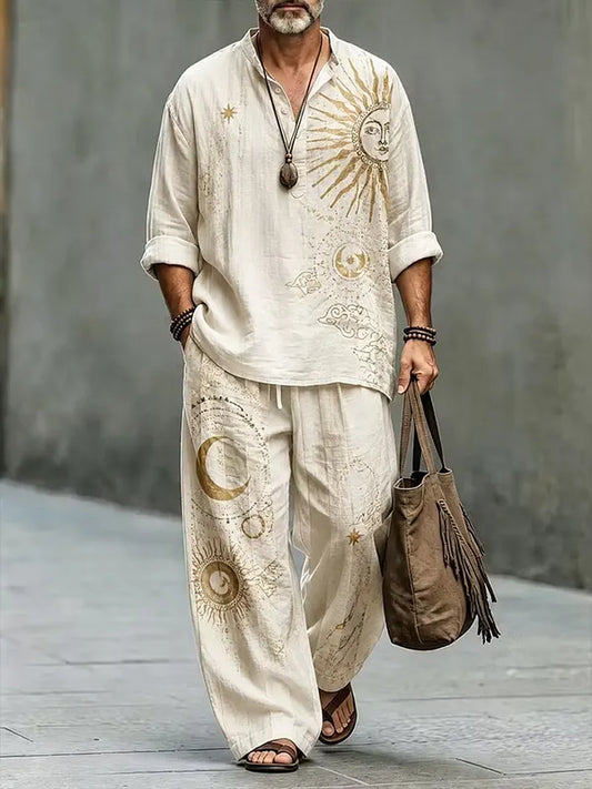 Men's Mysterious Sun Moon Star Print Half Button Long Sleeve Shirt Pants 2pcs Set