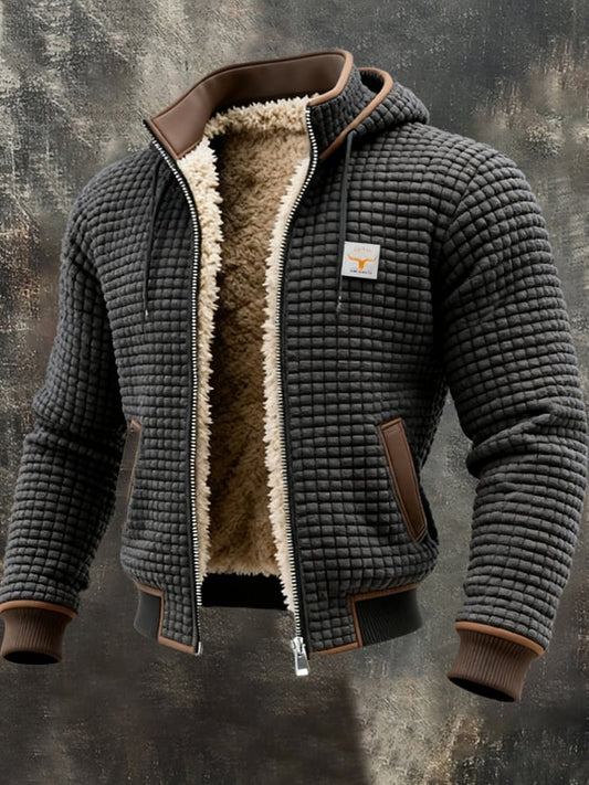 Men's Retro Textured Square Check Double Collar Warm Multi-pocket Outdoor Jacket