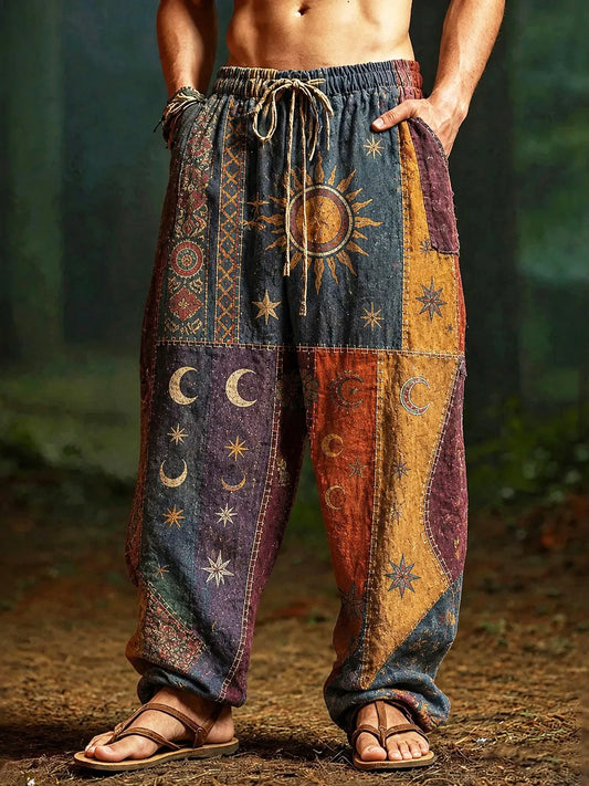 Men's Hippie Sun And Moon Element Patchwork Art Print Casual Pants