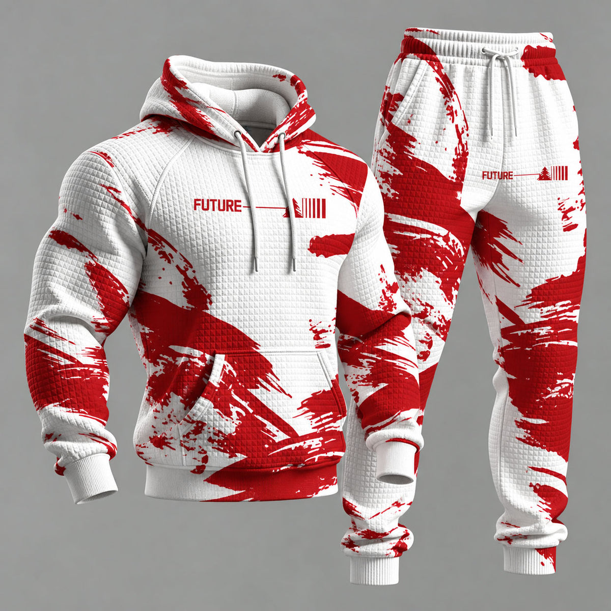 Men's Red and White Hooded Sweatshirt and Sweatpants Set