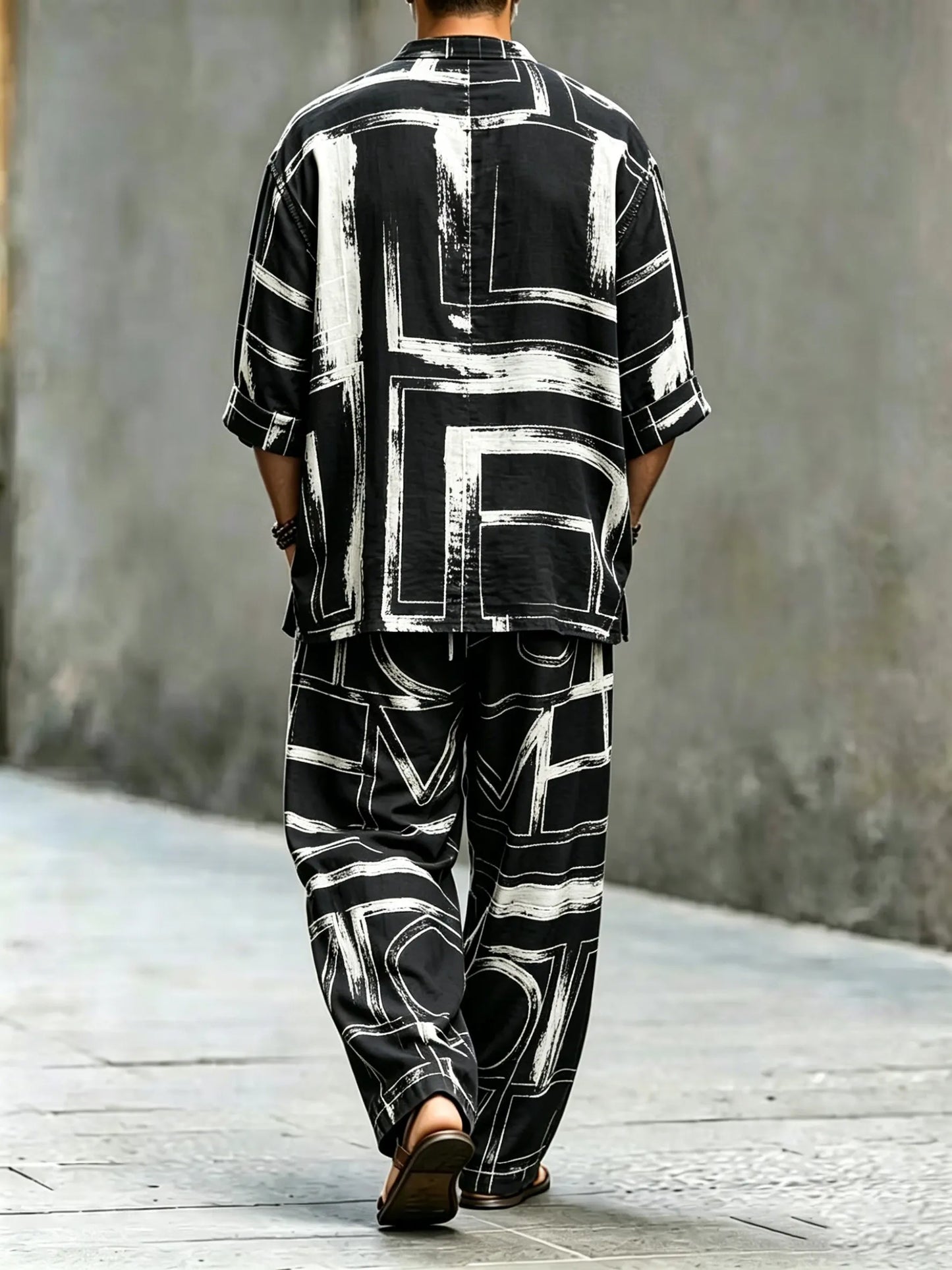 Men's Vintage Abstract Art Printed Cotton Shirt Set (Top & Pants)