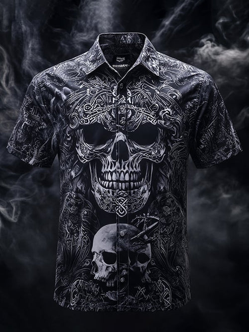 Men's Vintage Skull and Floral Short Sleeve Shirt