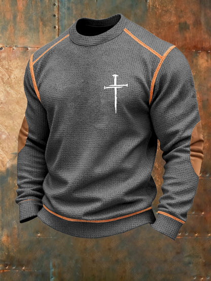 Men's Vintage Faith Cross Print Waffle Crew Neck Sweatshirt
