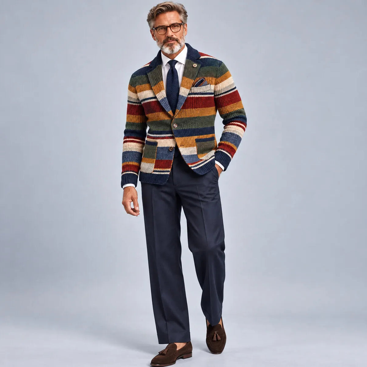 Men's Stylish Colorblock Stripe Notch Lapel Patch Pocket Single Breasted Knit Blazer